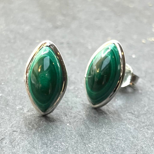 Malachite and Sterling Silver Studs Marquise