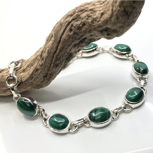 Malachite and Sterling Silver Bracelet 8 Ovals