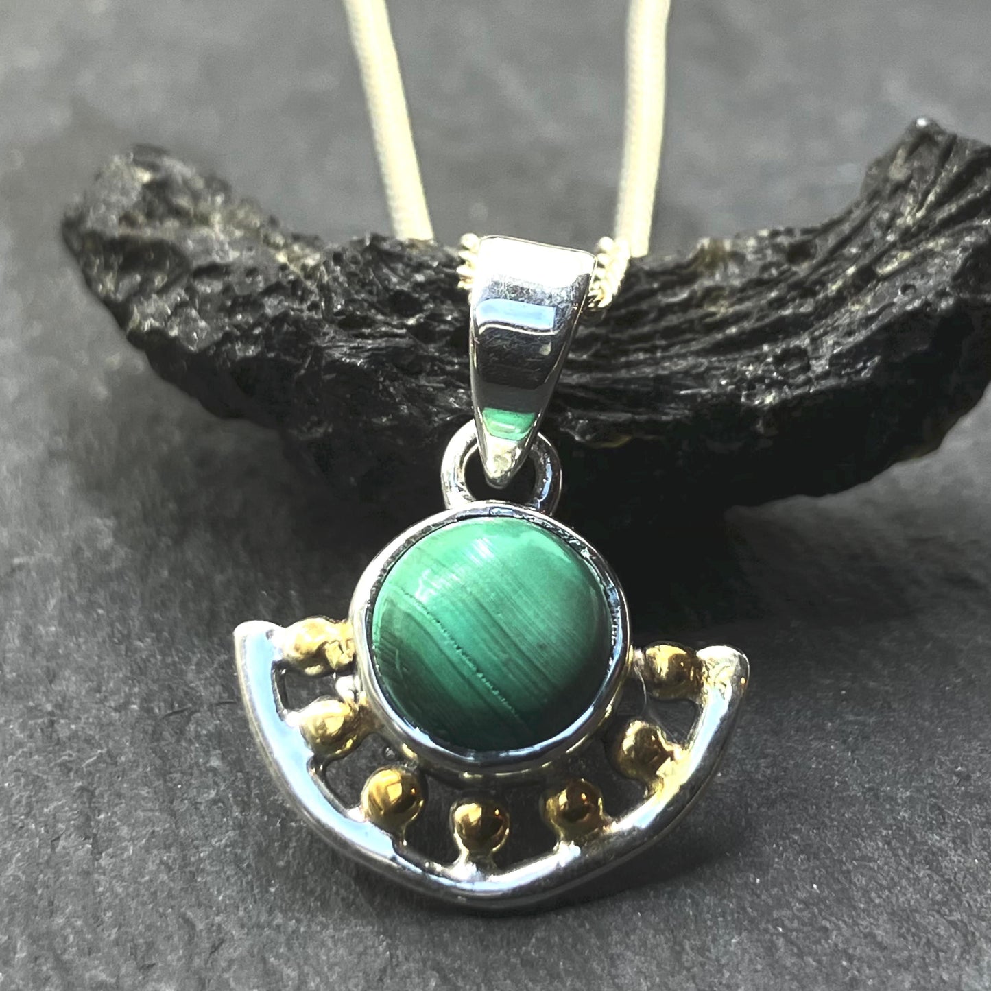 Malachite and Sterling Silver Pendant with Gold Balls on Silver Chain