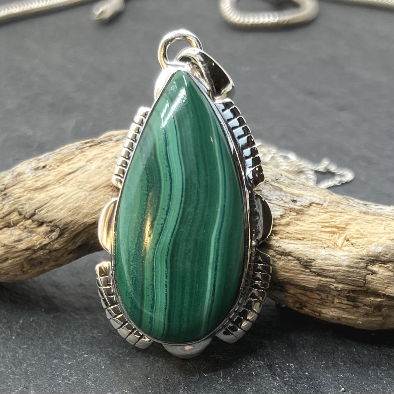 Malachite and Sterling Silver Pendant curved tear