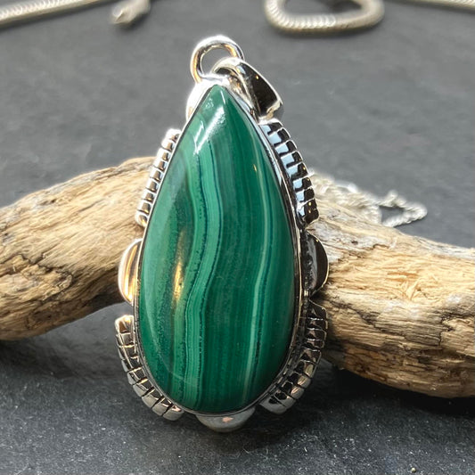 Malachite and Sterling Silver Pendant curved tear