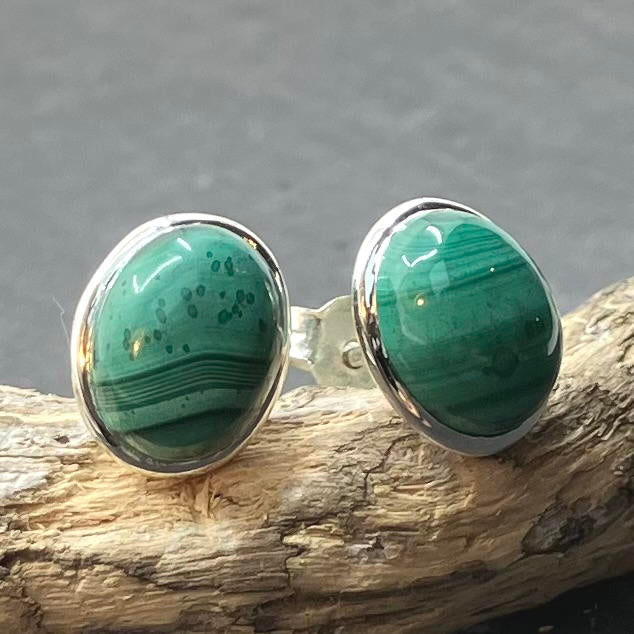 Malachite and Sterling Silver Studs Oval