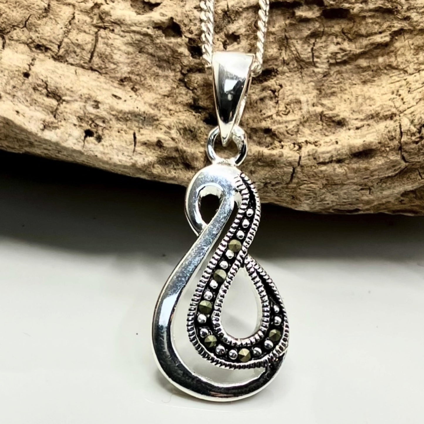 Marcasite and Sterling Silver Pendant  Infinity Swirl on Silver Chain