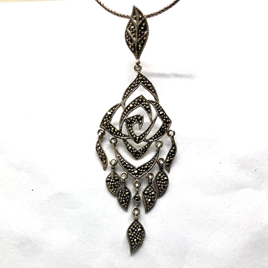 Marcasite and Sterling Silver Pendant long rose on Ox Silver Chain