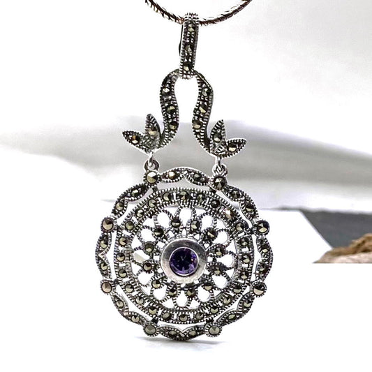 Marcasite and Sterling Silver Pendant  with Ame CZ round long on Ox Silver Chain
