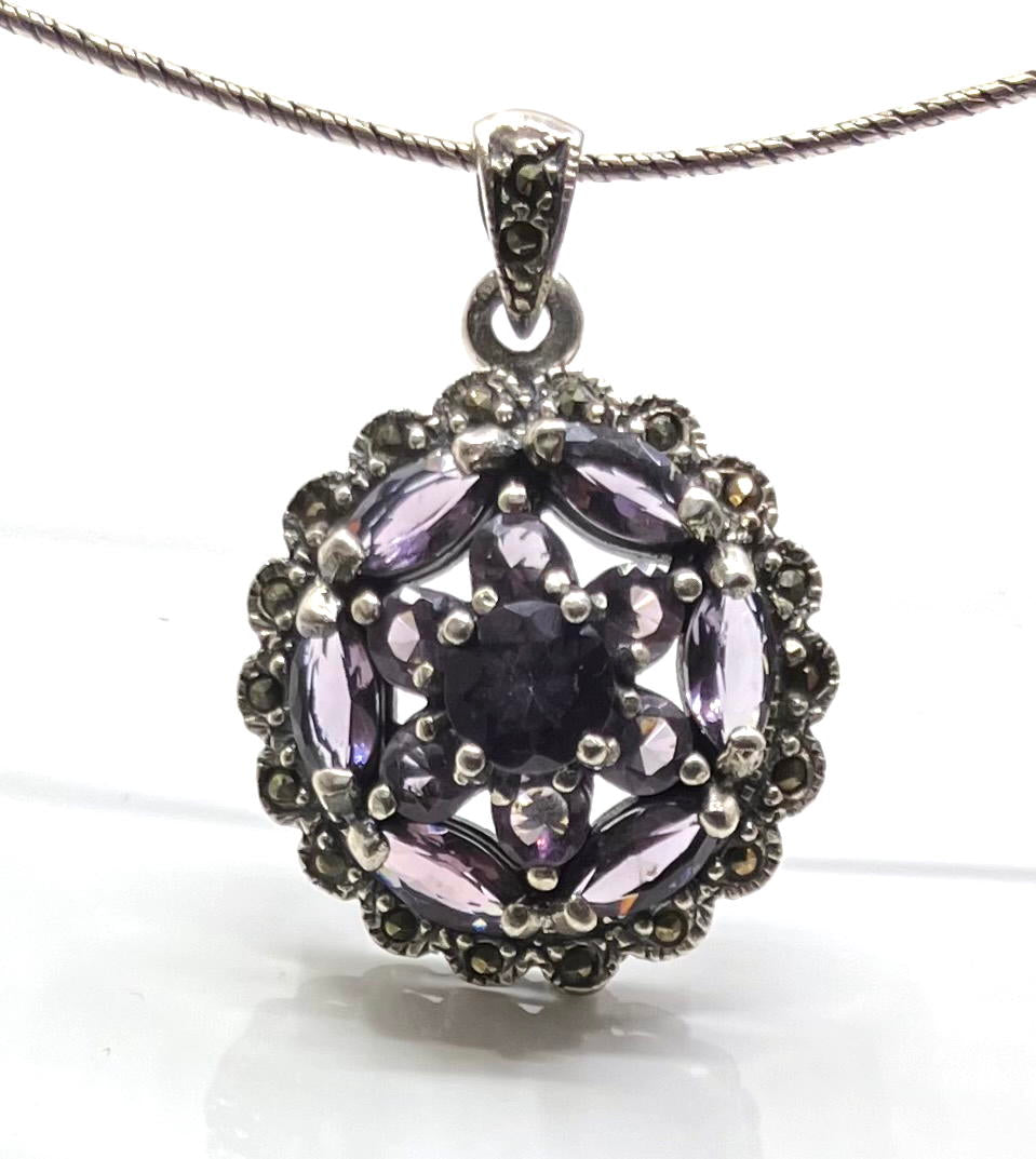 Marcasite and Sterling Silver Pendant round with 13 Amethysts on Oxidised Silver Chain