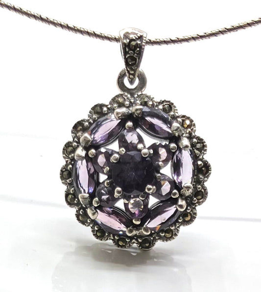 Marcasite and Sterling Silver Pendant round with 13 Amethysts on Oxidised Silver Chain