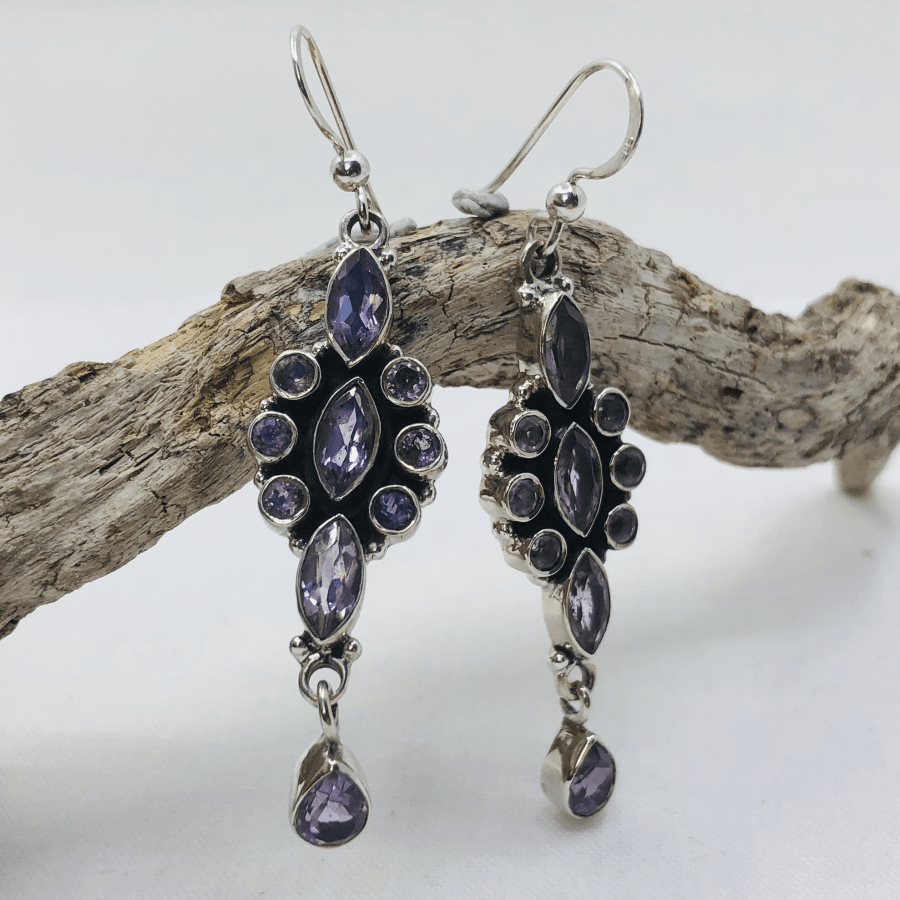 Amethyst and Sterling Silver Faceted 10 Stone Earrings