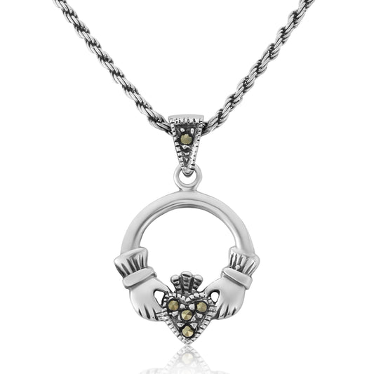 Claddagh Silver Marcasite Heart Pendant and Chain