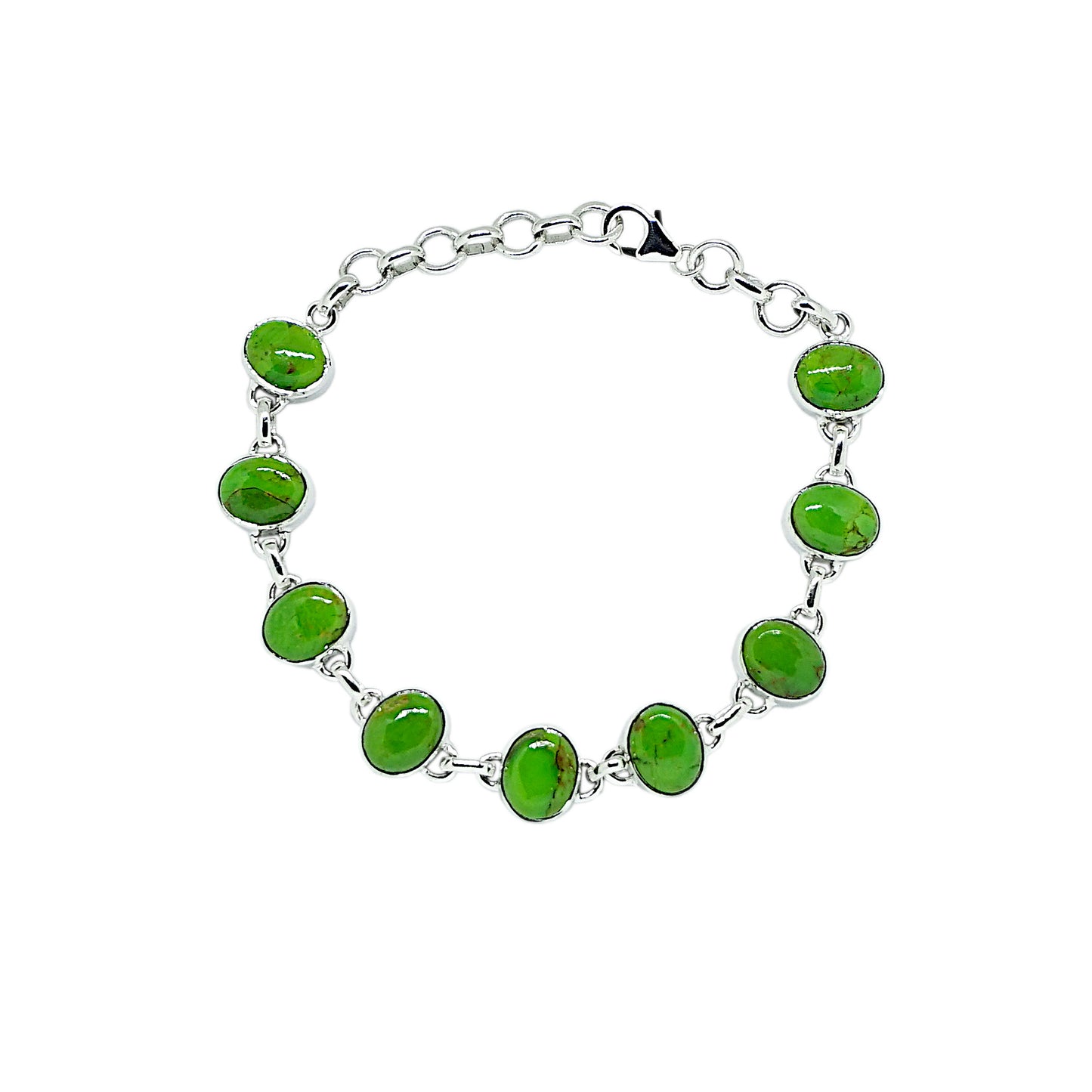 Green Turquoise Oval Stone Sterling Silver Bracelet