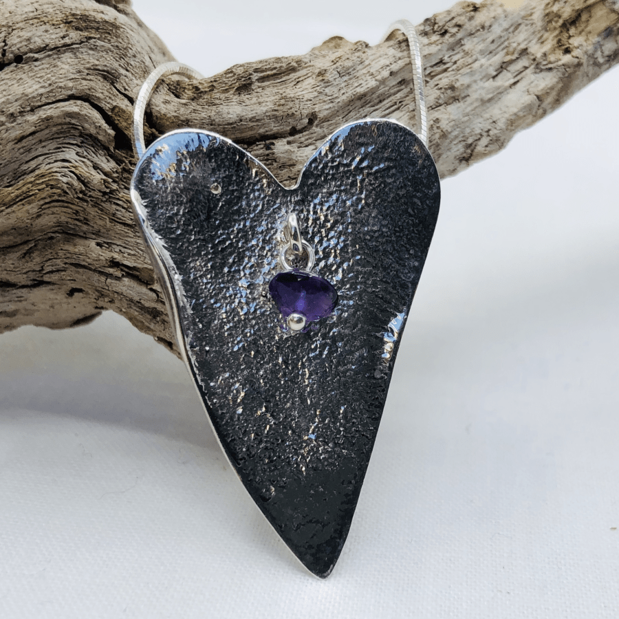 Amethyst and Sterling Silver Heart Pendant and Silver Chain