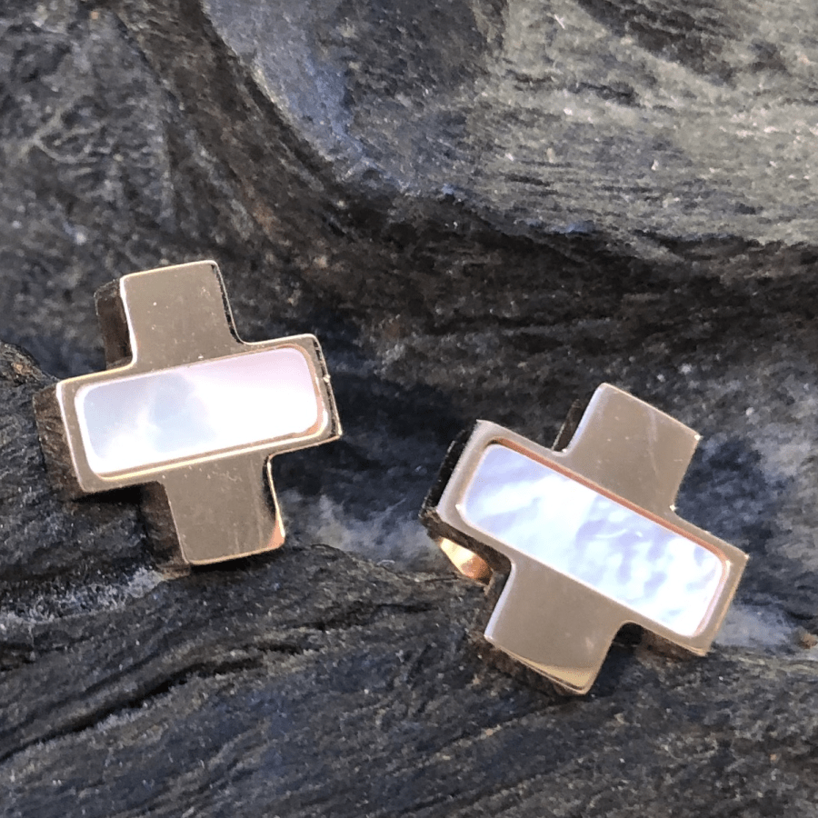 Stainless Steel Rose Gold Coloured and Mother of Pearl Cross Studs