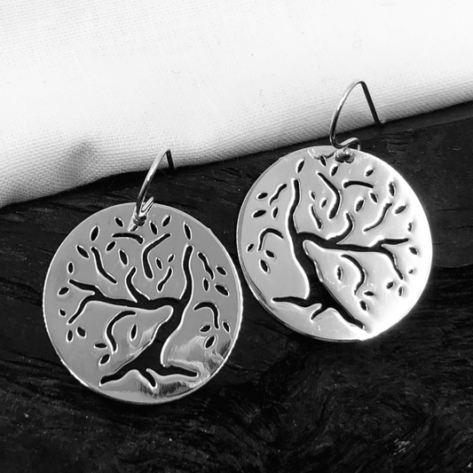 Tree of Life Round Silver Earrings