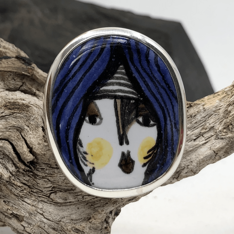 Handmade Ceramic Face in Sterling Silver Ring Ana