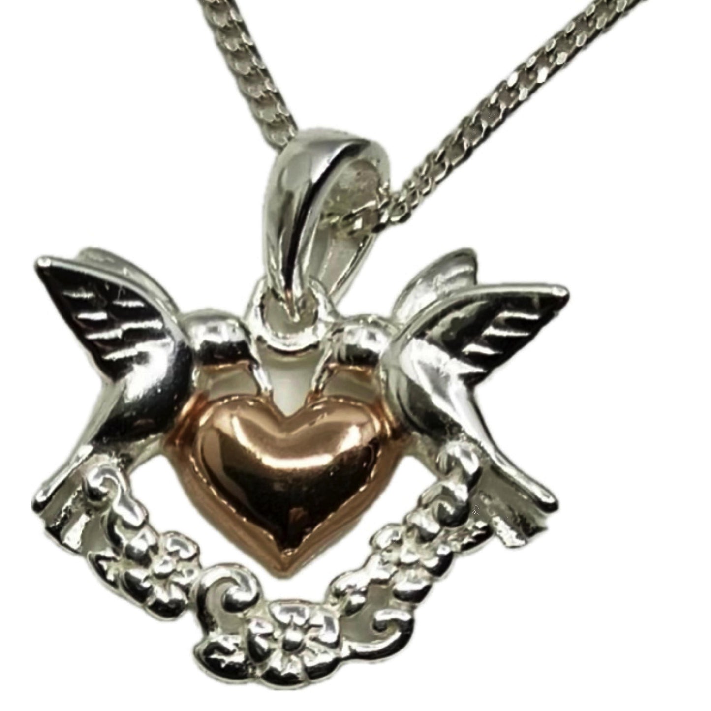 Rose Gold Plated Sterling Silver Pendant Humming Bird and Heart on Silver Chain