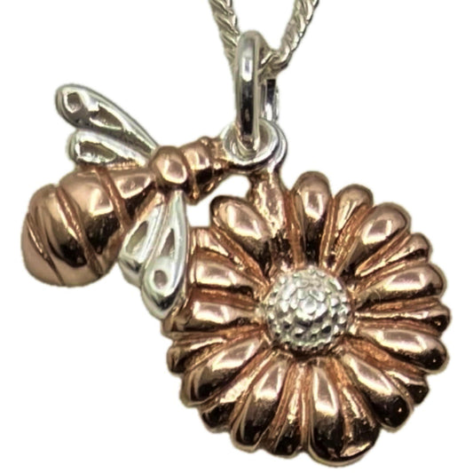 Rose Gold Plated Sterling Pendant Silver Bee and Sunflower on Silver Chain