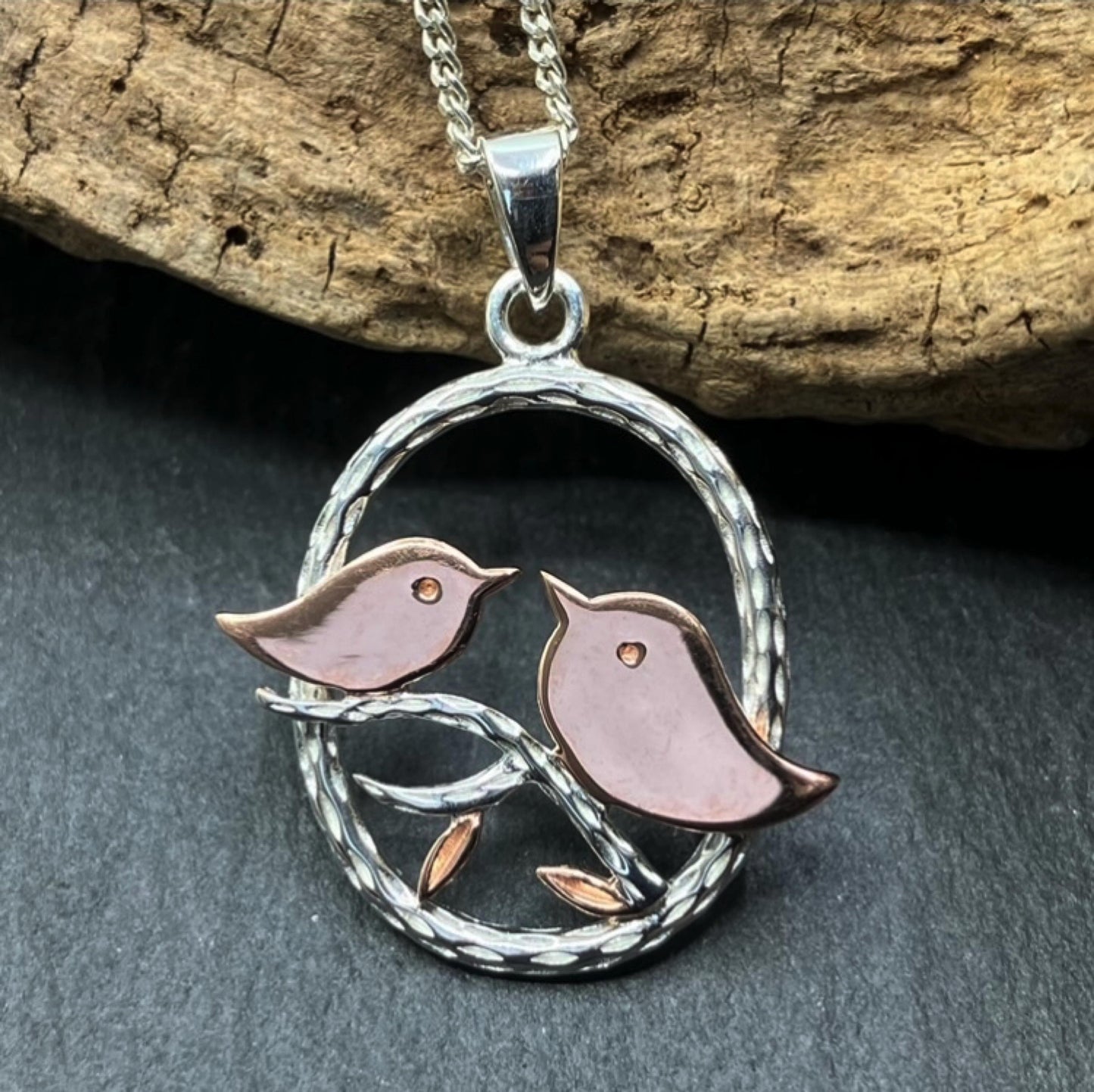 Rose Gold Plated Sterling Silver Pendant Birds in Oval on Silver Chain