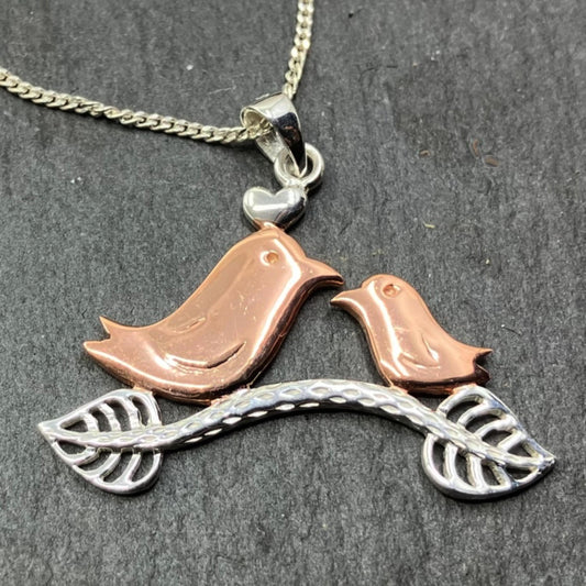 Rose Gold Plated Sterling Silver Pendant Birds on Branch with Silver Chain