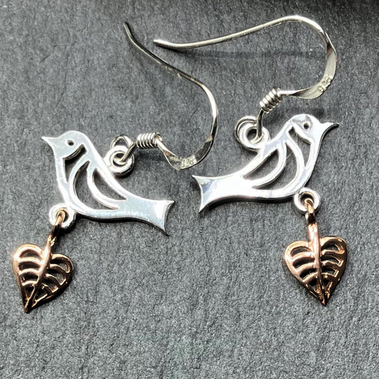 Rose Gold Plated Sterling Silver Earrings Bird and Leaf