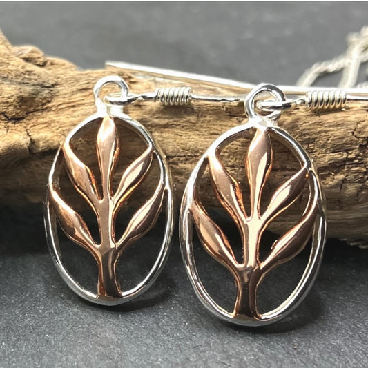 Rose Gold Plated Sterling Silver Earrings Oval Tree of Life