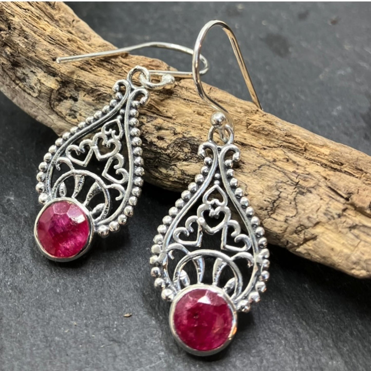 Ruby Sterling Silver Filigree Earrings