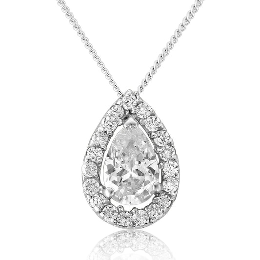 White CZ and Sterling Silver Teardrop Shaped Pendant and Silver Chain