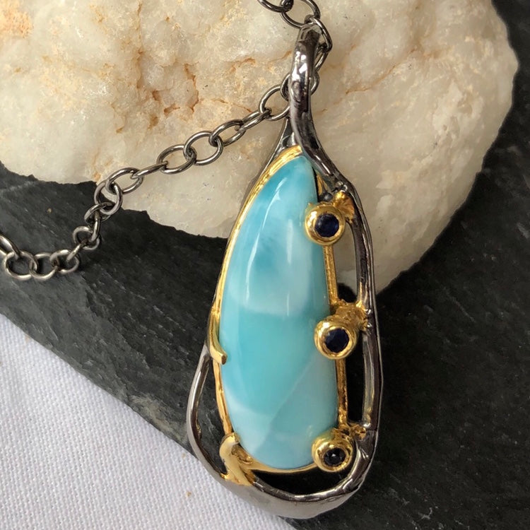 Larimar and Sapphire Oxidised Silver, Rhodium and Gold Pendant and Chain