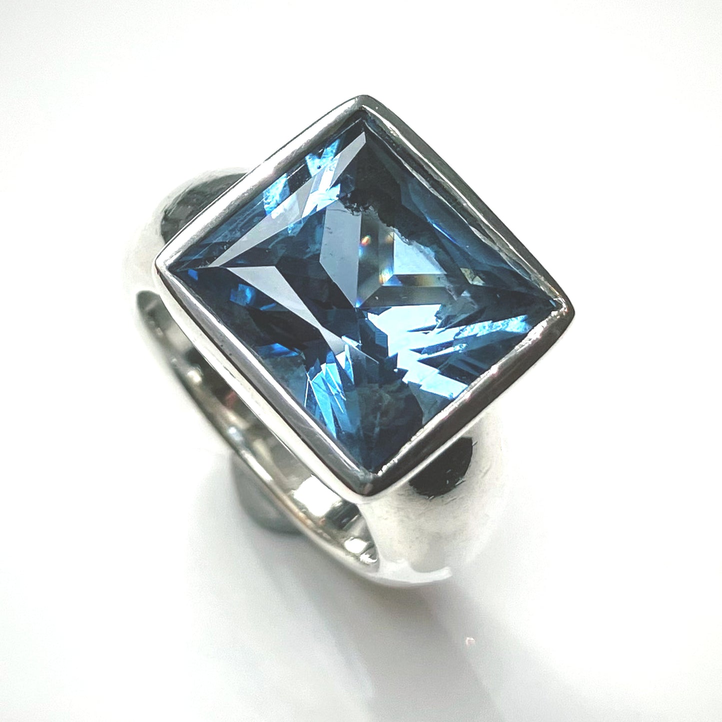 Blue Topaz and Sterling Silver Ring Faceted Square