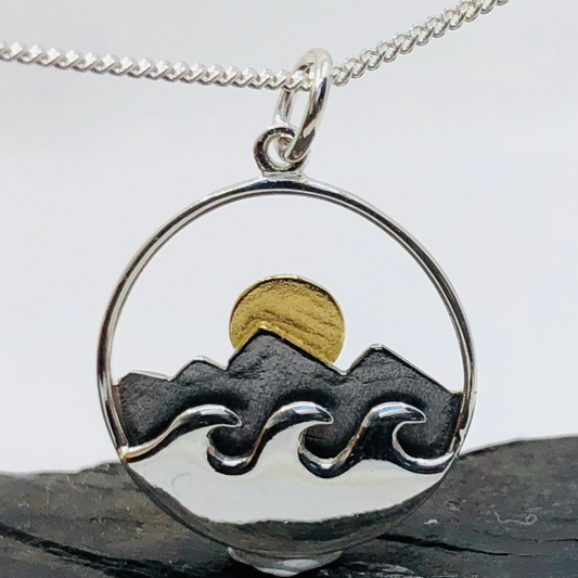 Sterling Silver and Gold Plated Ocean Sunset Pendant and Chain