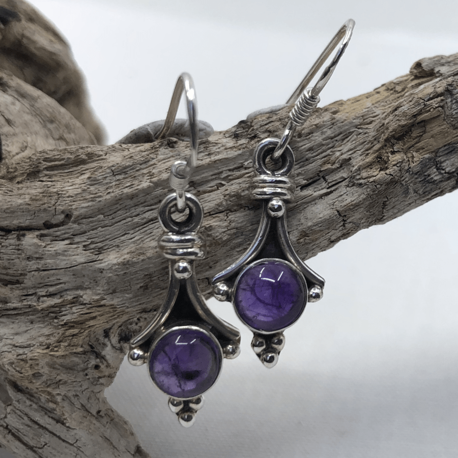 Amethyst and Sterling Silver Ethnic Drop Earrings