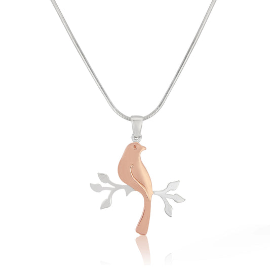 Rose Gold Plated Sterling Silver Bird on Branch Pendant and Silver Chain