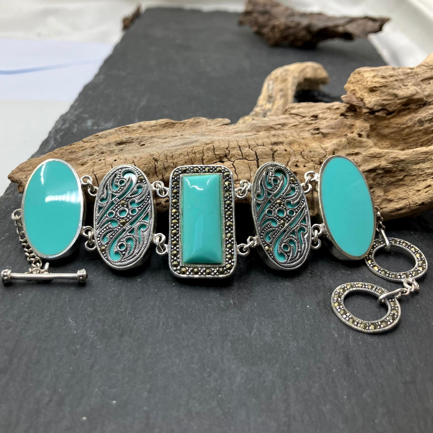 Marcasite and Turquoise Sterling Silver Bracelet 5 Ovals Rect