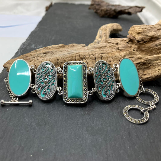 Marcasite and Turquoise Sterling Silver Bracelet 5 Ovals Rect