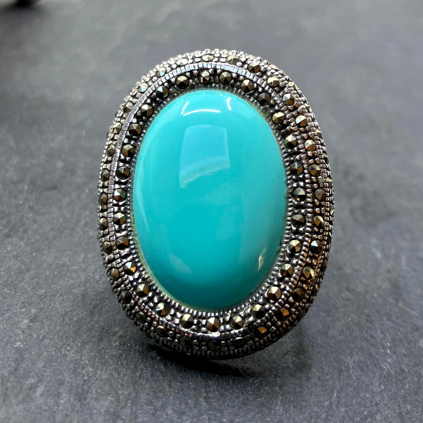 Marcasite and Turquoise Sterling Silver Ring Oval