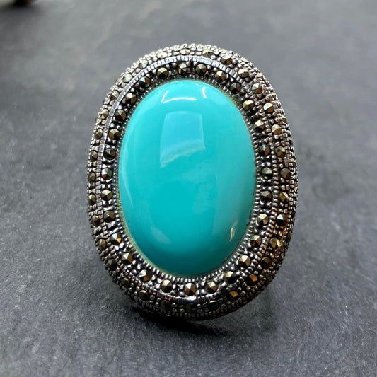 Marcasite and Turquoise Sterling Silver Ring Oval