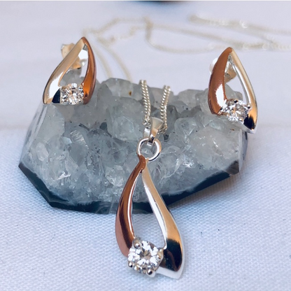Sterling Silver with Rose Gold Plate and White CZ  Pendant and Silver Chain