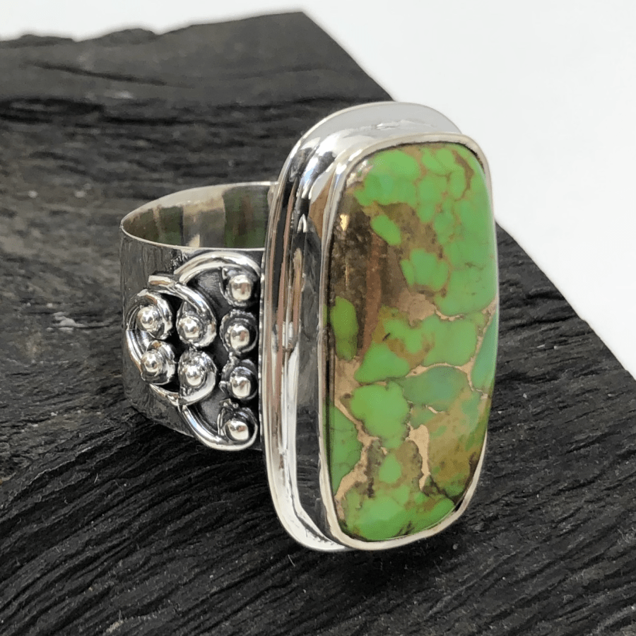 Green Turquoise and Sterling Silver Rectangular Ring