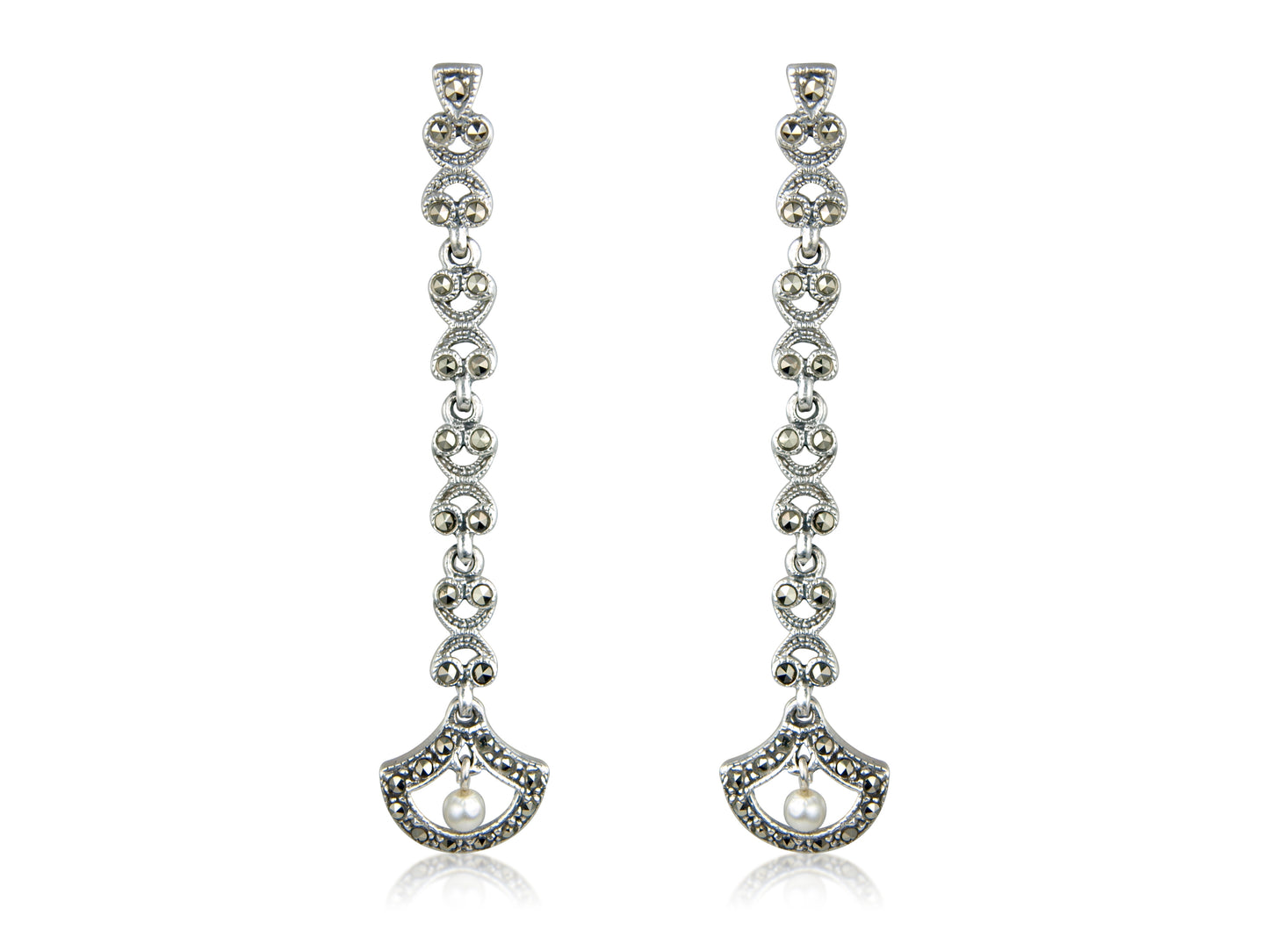 Marcasite and Pearl Drop Sterling Silver Earrings