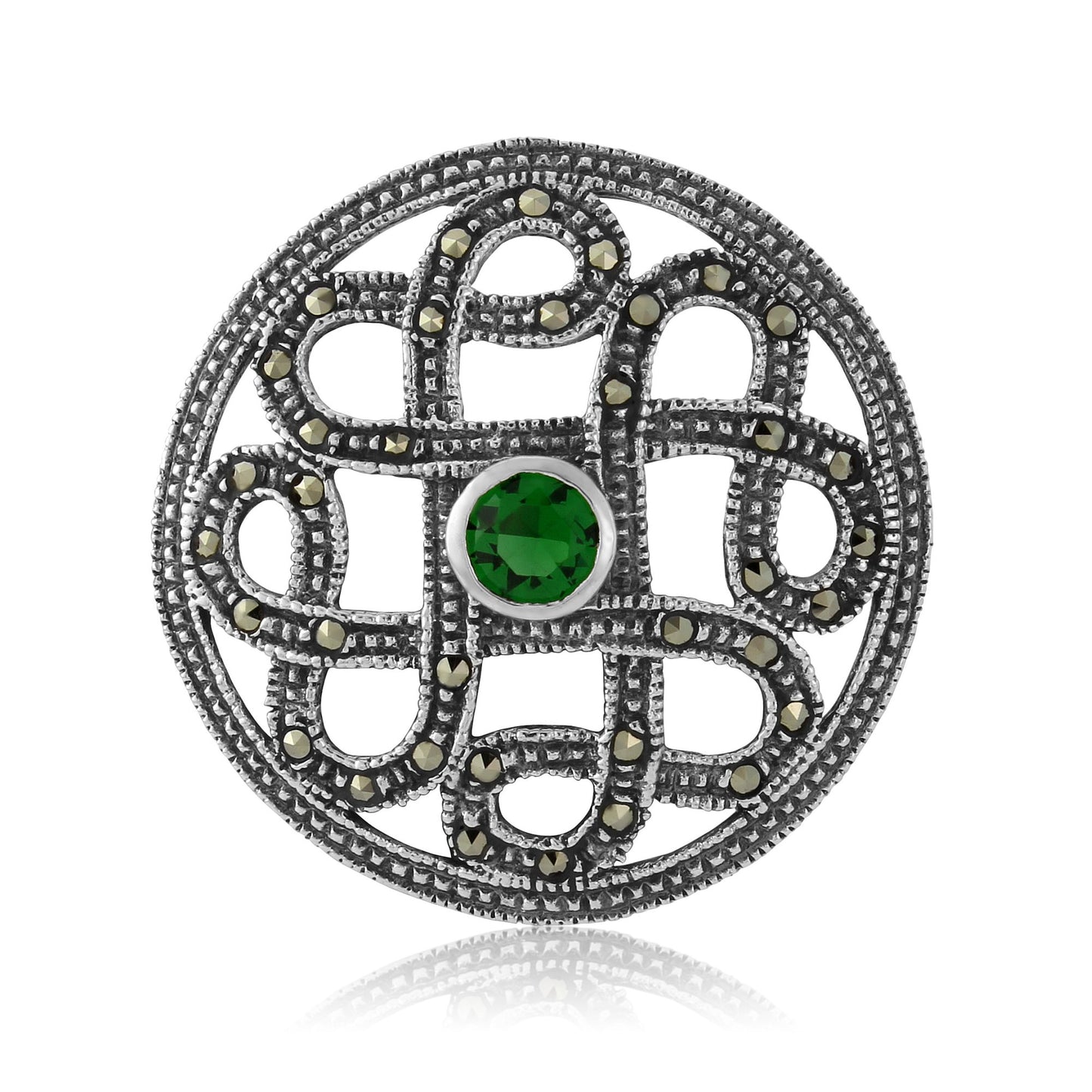 Celtic Knot Sterling Silver Brooch with Marcasite and Green CZ