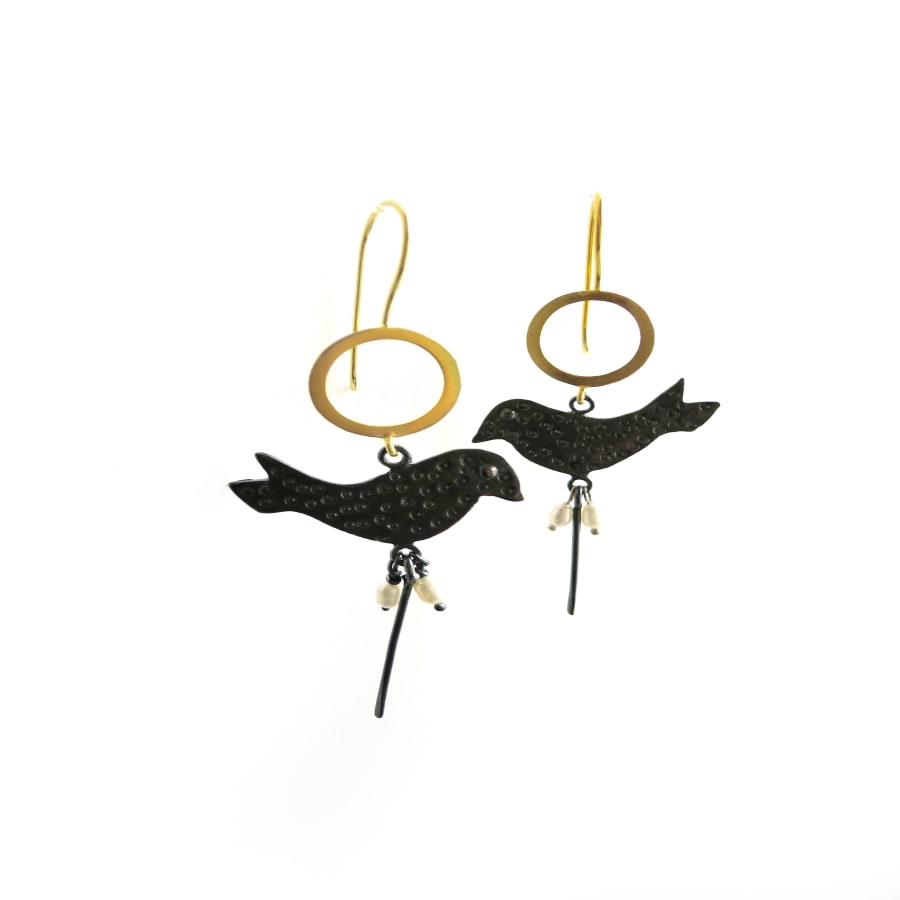 Oxidised and Gold Plated Sterling Silver Bird Earrings