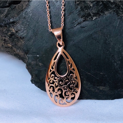 Rose Gold Plated Sterling Silver Pear Shaped Pendant and Chain