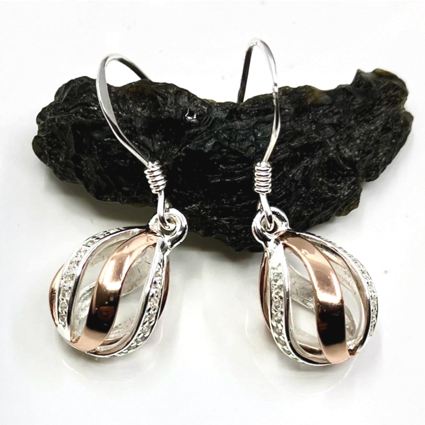 Sterling Silver with Rose Gold Twist Earrings and White CZ