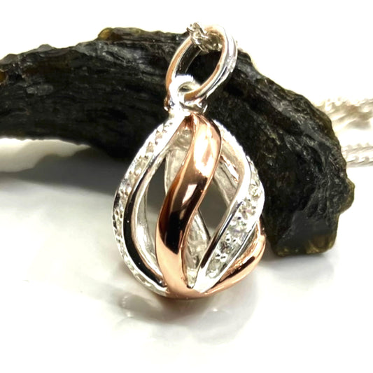 Sterling Silver with Rose Gold Plate Twist Pendant and White CZ on Silver Chain