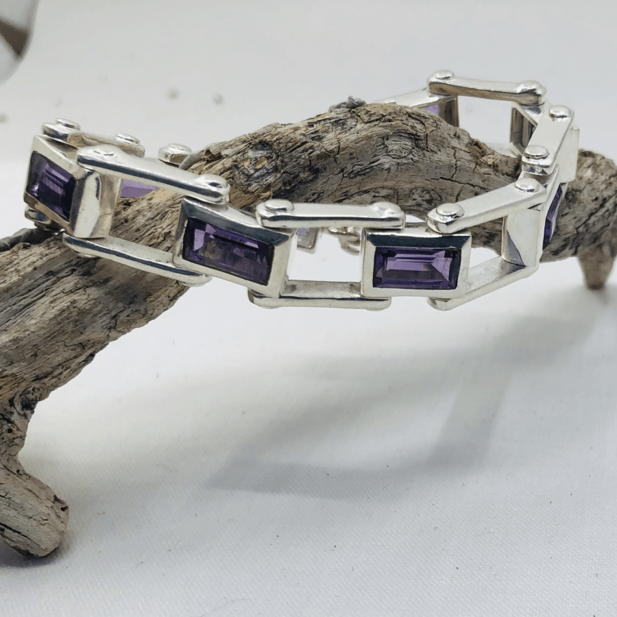 Amethyst and Sterling Silver 8 Rectangular Faceted Stone Bracelet