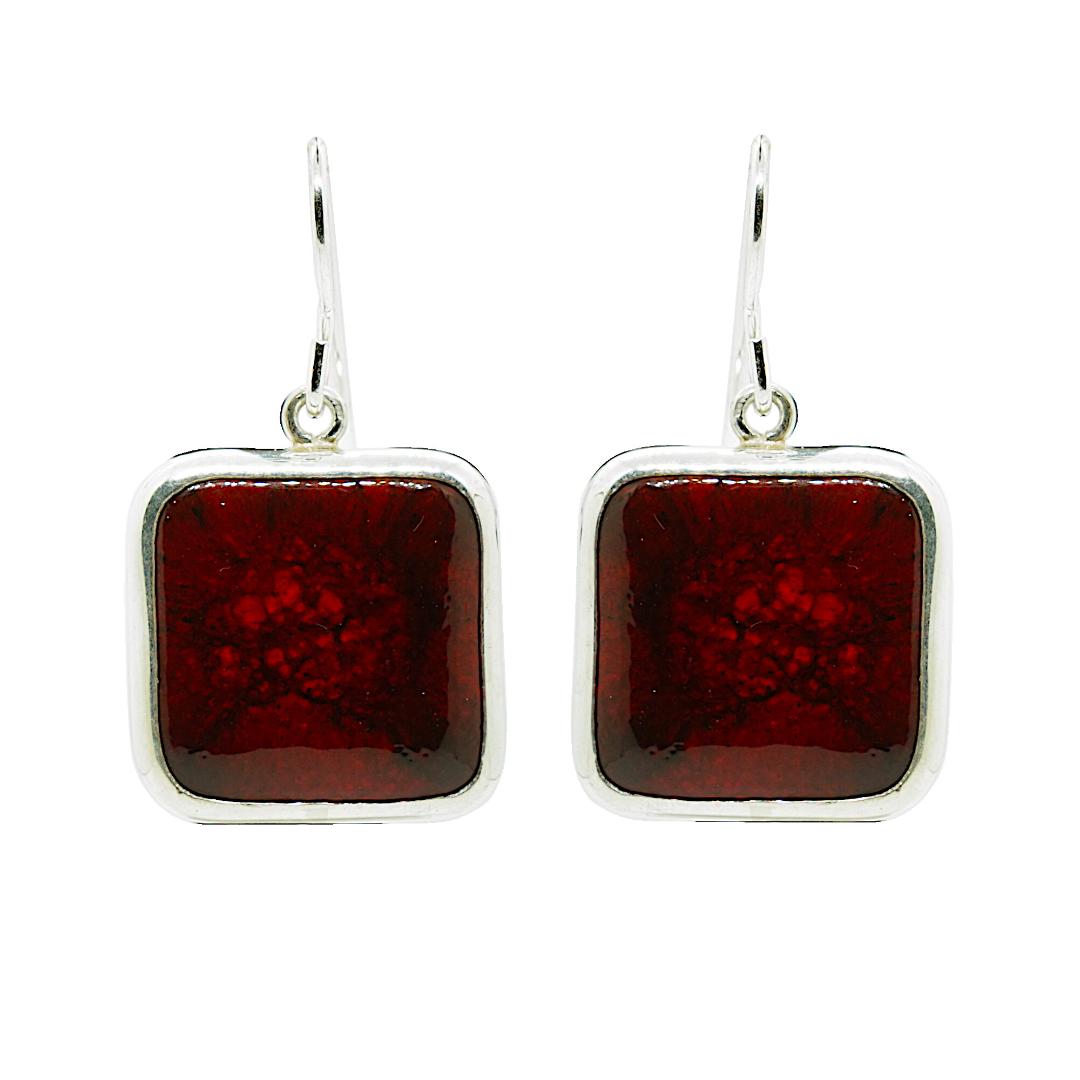 Red Ceramic Sterling Silver Handcrafted Square Drop Earrings