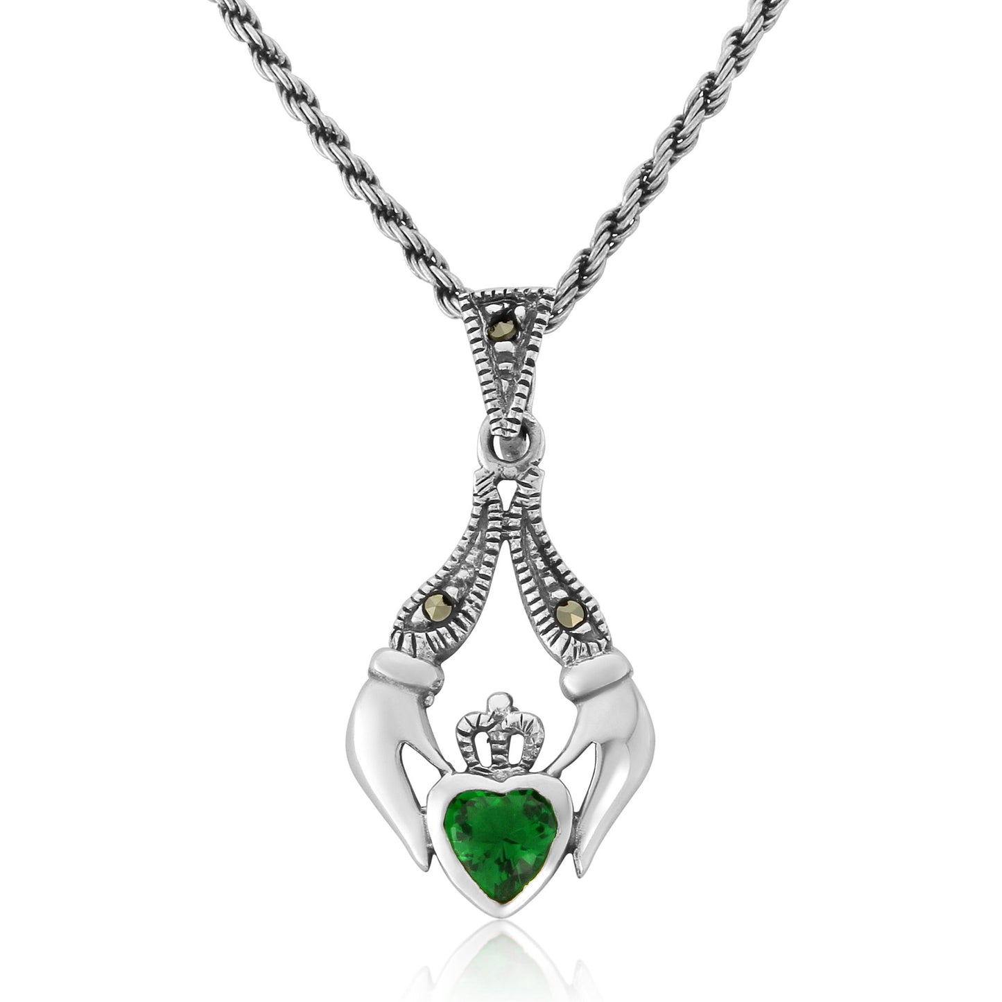 Claddagh Sterling Silver, Marcasite and Emerald CZ Pendant and Chain