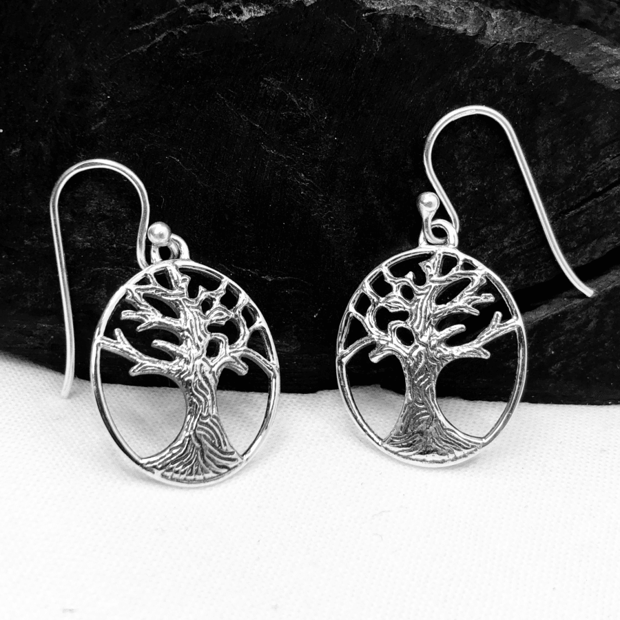 Tree of Life Oval Earrings in Sterling Silver