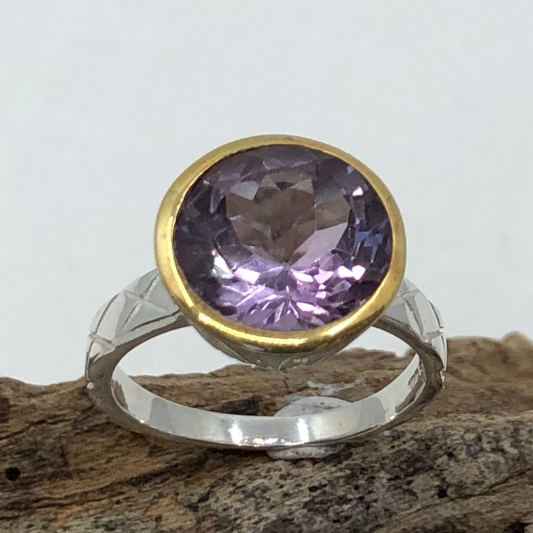 Amethyst and Sterling Silver with Gold Plate Round Cut Stone Ring