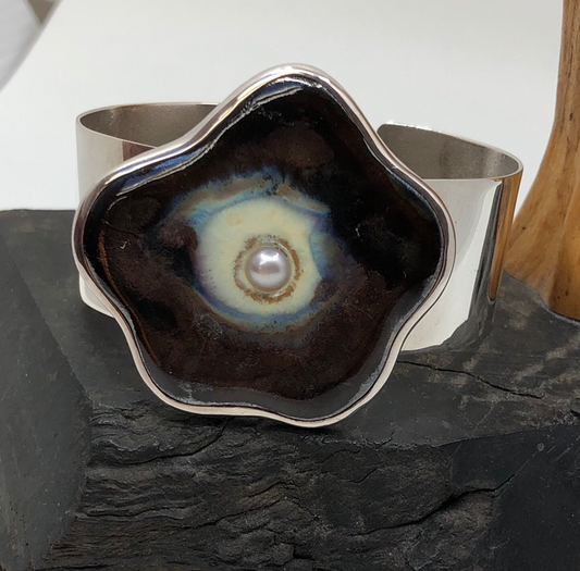 Handmade Ceramic Cuff with Freshwater Pearl in Sterling Silver