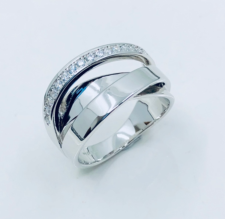 Sterling Silver Crossover Ring with White CZ Stones